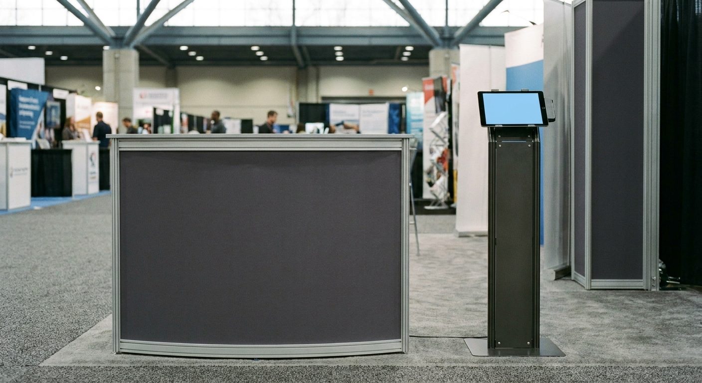 A modular reception counter with a charcoal fabric front and a slim kiosk with a mounted touchscreen on gray booth flooring.