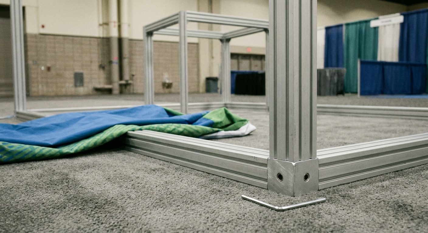 Silver aluminum extrusion profiles and a corner connector of a modular booth frame being assembled on a carpeted show floor.