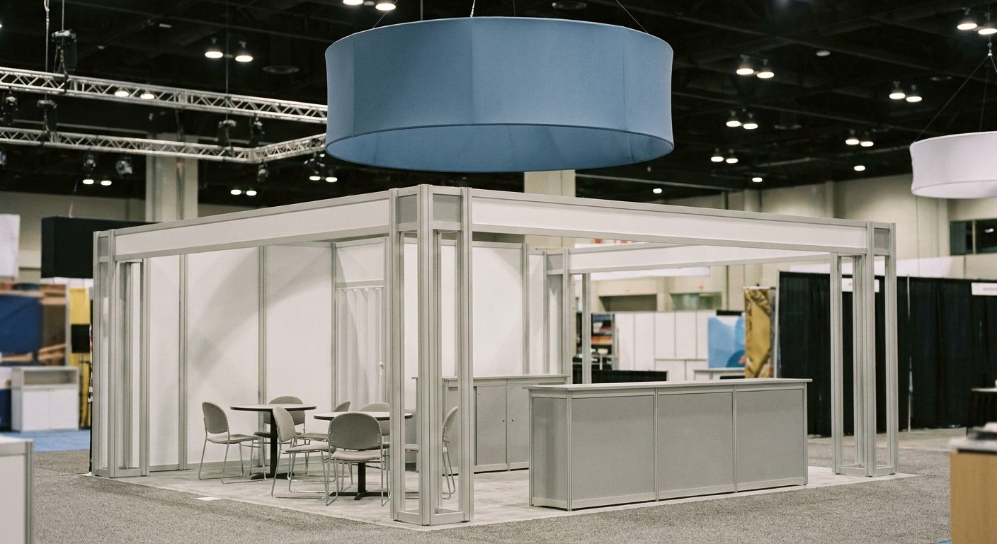 A large island modular trade show booth with a hanging circular fabric sign, a small meeting area and a demo counter.